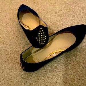 Navy suede-like flats w/gold trim